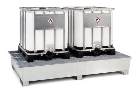 IBC sump pallet TC-2A, galvanized steel, with galvanized grid & forklift pockets, for 2 IBCs 