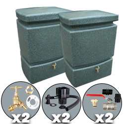 2 x 525 Litre Water Butts Green Marble Twin Solo