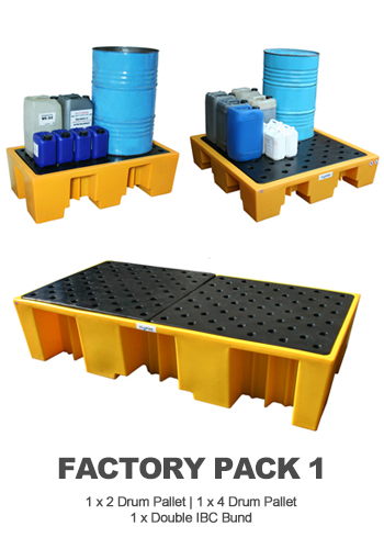 Factory Pack 1 - 1x 2 Drum/ 1 x 4 Drum Pallet/ 1 x Double IBC Bund