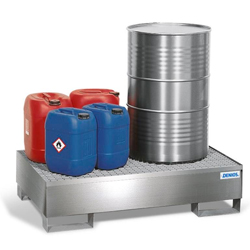 Spill Pallet Pro-line in st steel for 2 drums, access. underneath, with st steel grid, 850x1342x325