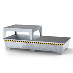 Spill pallet pro-line in steel for 2 IBC, galv., with dispensing platform and grid