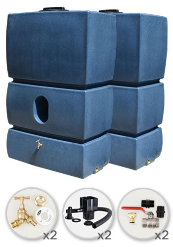 2 x 1500L Water Butt Twin Solo Pack - Blue Marble