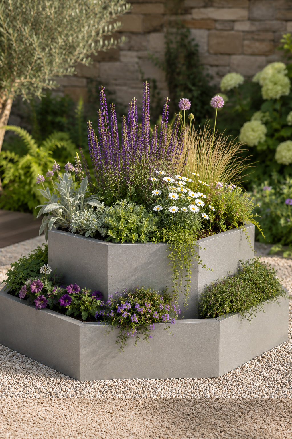 Octagonal Two Tier Raised Bed / Galvanised Planter Set Contemporary Style