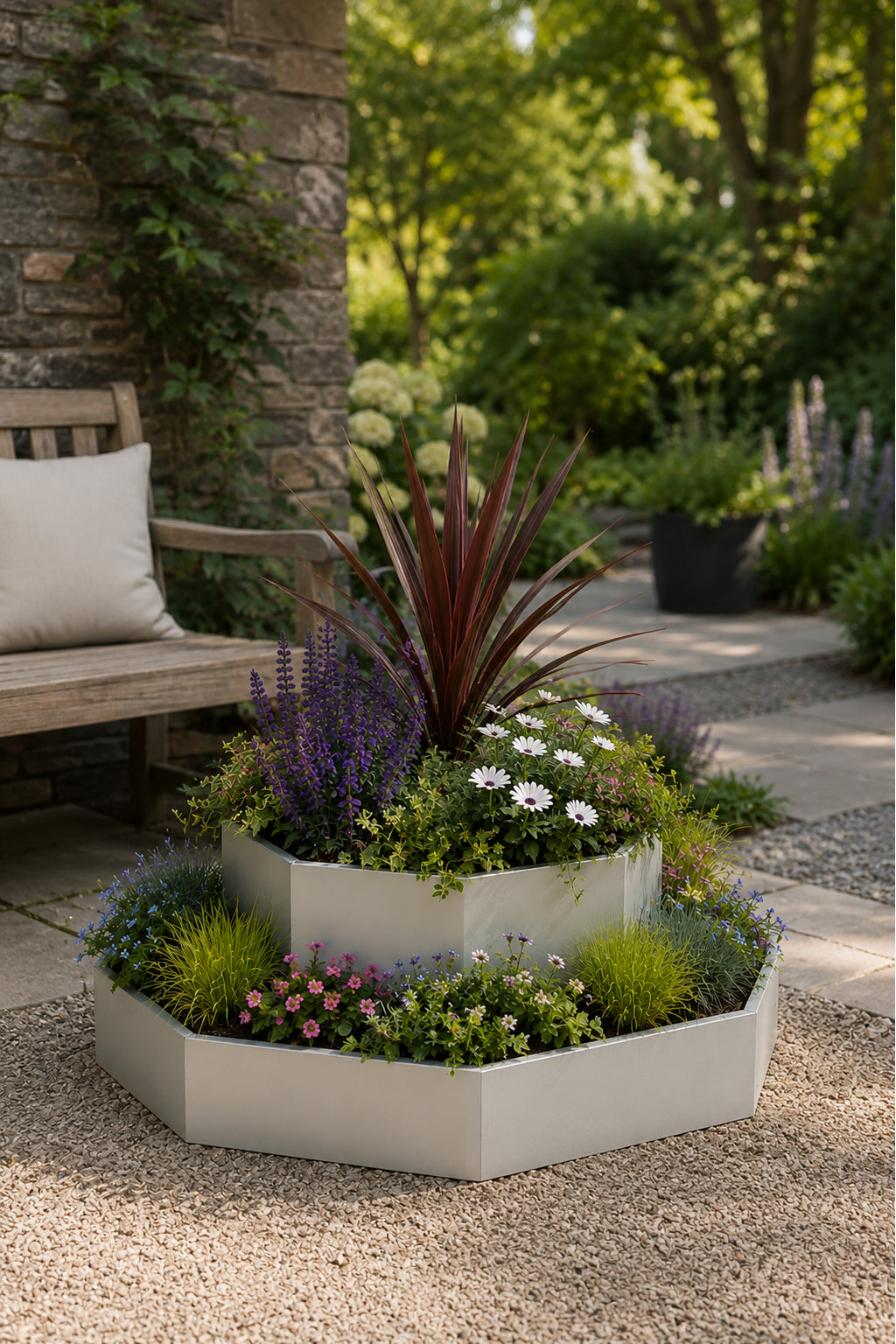 Octagonal Two Tier Raised Bed / Galvanised Planter Set (Lower & Middle) Contemporary Style