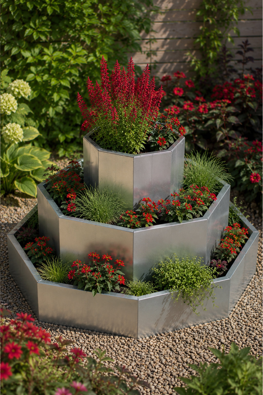 Octagonal Three Tier Raised Bed / Galvanised Planter Set Contemporary Style
