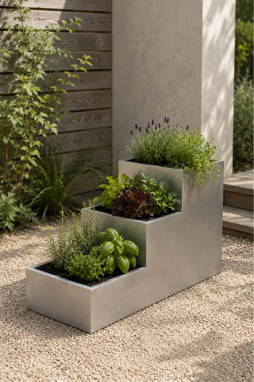 Long Three Tier Raised Bed / Galvanised Planter Set Contemporary Style